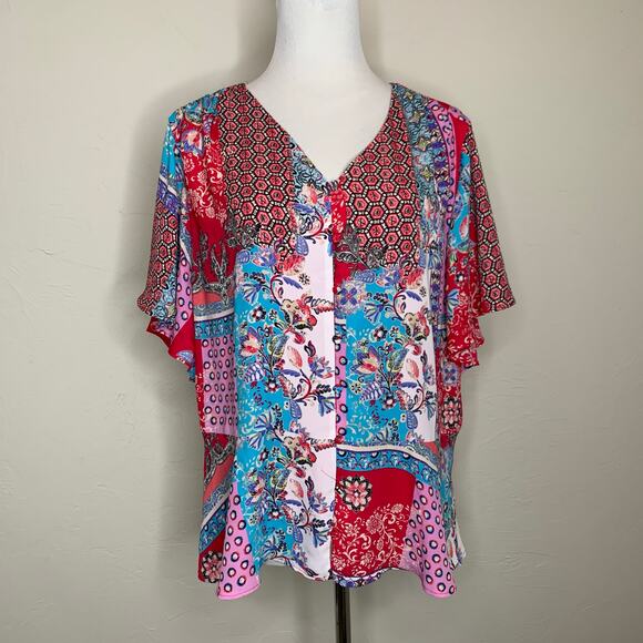 Chico's Bright Flowy Peplum Top Sz 2  12/14 - Picture 1 of 9